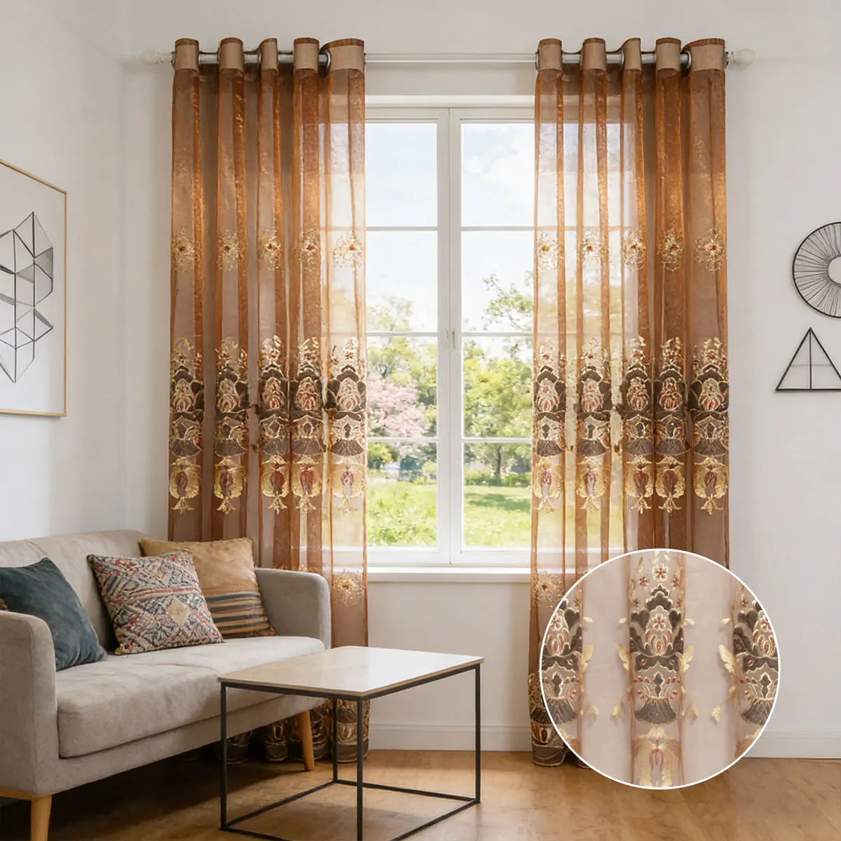 Brown Embroidery Sheer Grommet Curtain, Vintage Floral Voile Drape for Universal Living Room Bedroom Balcony Decor