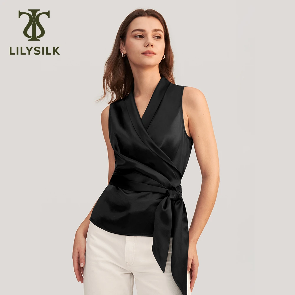 LILYSILK Women's Silk Blouse Ladies Sleeveless Wrap Top with Bow Knot Slim Fit for Multiple Occasions