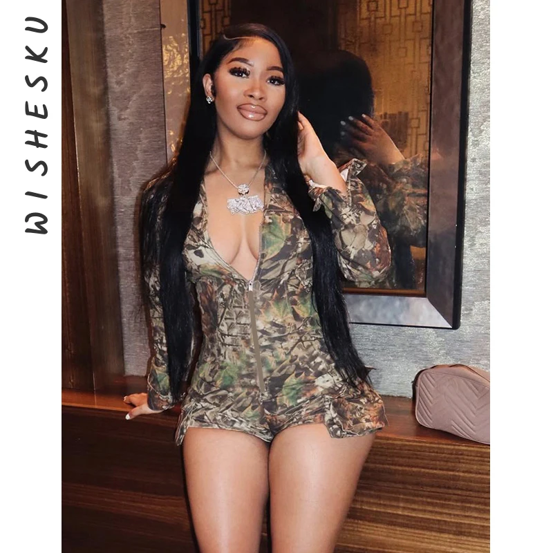 Sexy Camouflage Print Shorts Jumpsuit Women Long Sleeve Zipper Slim Fit Pockets One Piece Rompers 2024 Spring Fall Y2K Clothes