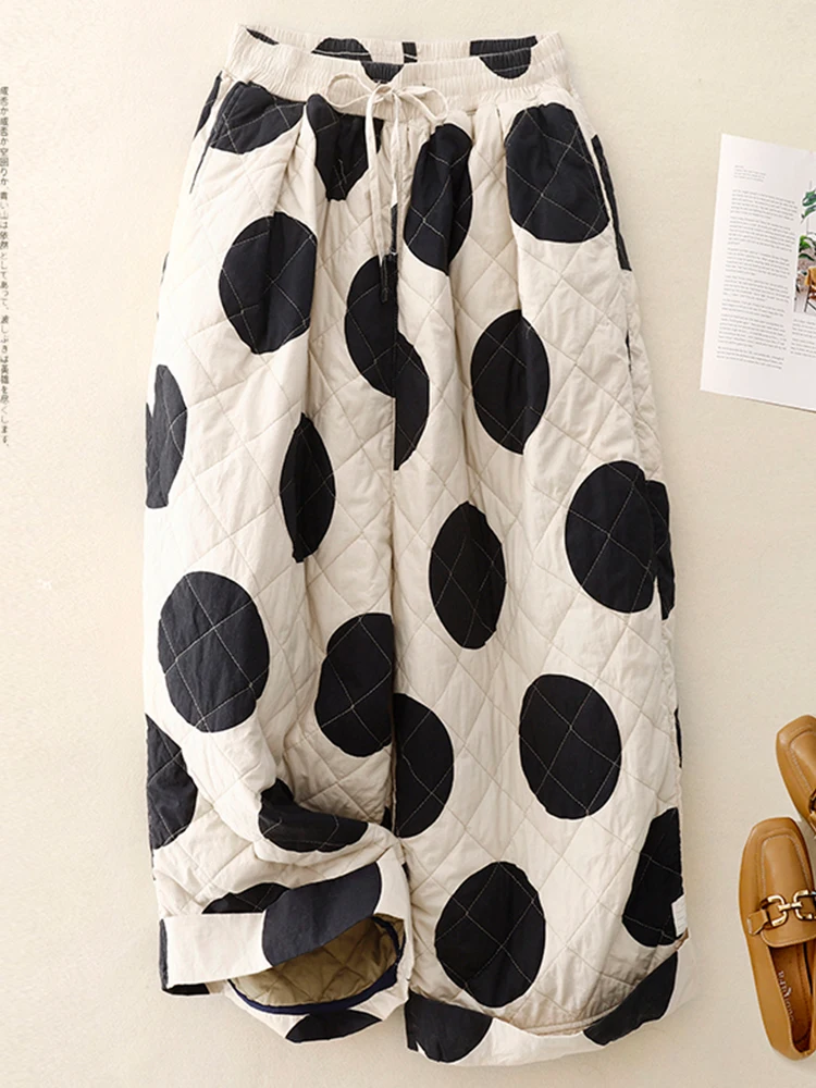 Europeu polka dot impresso para baixo calças de algodão feminino inverno 2025 cintura elástica para uso casual grosso algodão acolchoado calças largas perna