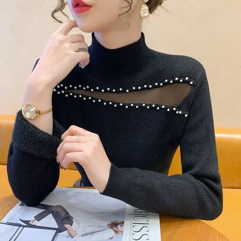 Jesień Zima Damska 2024 Nowy Spliced Half High Collar Gauze Hollow Out Fashion Solid Color Slim Casual Long Sleeve Knitted Top