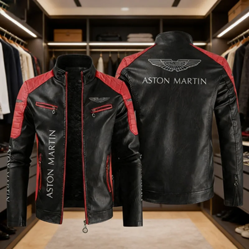 

Aston Martin LOGO Autumn Winter Men's Motorcycle Leather Jacket Men's Stand-up Collar Windproof Zipper Men'sCoat LeatherClothing