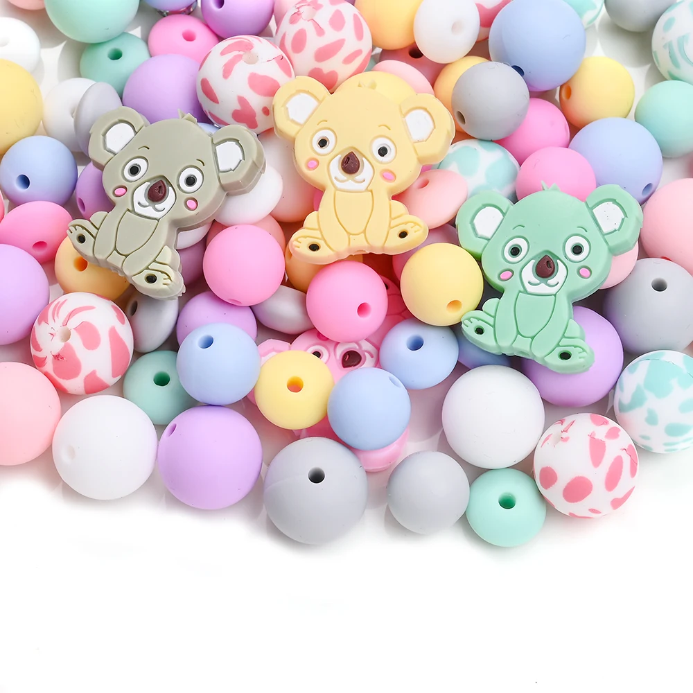 119PCS Koala Printed Round Beads Silicone Beads Food Grade Saucer Beads For Baby Teether Necklace Pacifier Clip Jewelry Making