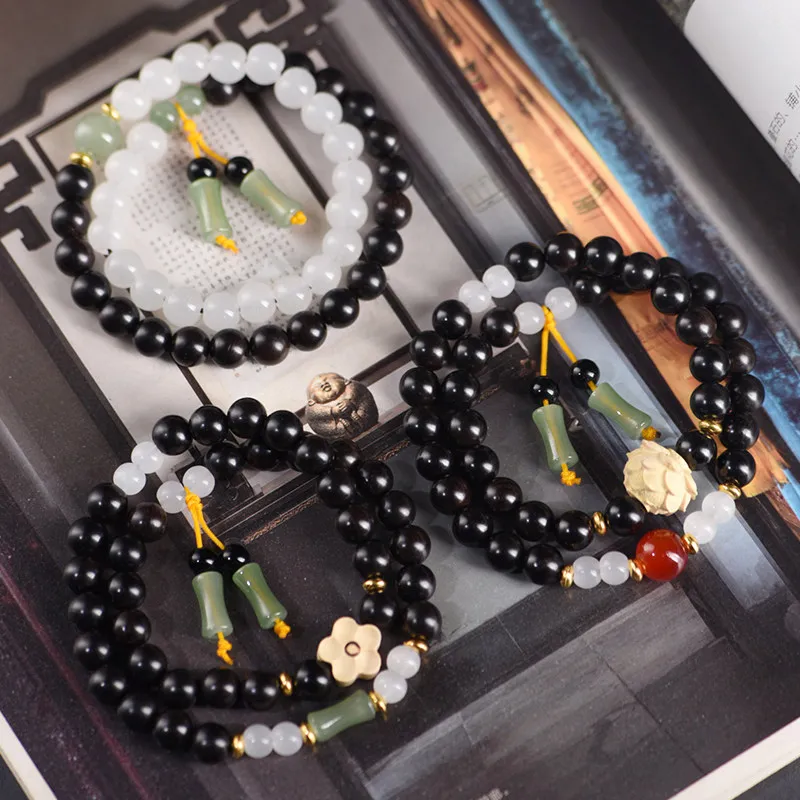 Ebony Purple Sandalwood Double Circle Bracelet with Jade Spacers – Buddhist Prayer Beads Gift
