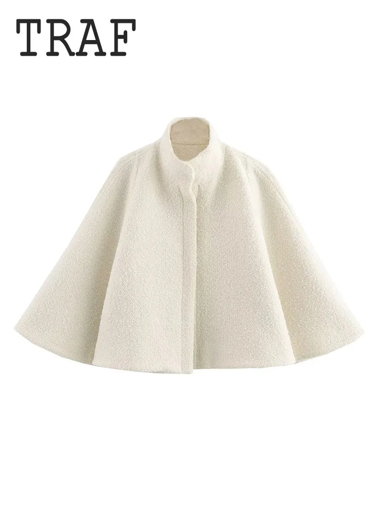 TRAF Cappotto corto bianco da donna 2024 Autunno Inverno Giubbotti per donna Cappotto corto allentato Misto lana Casual Nuovo Capispalla