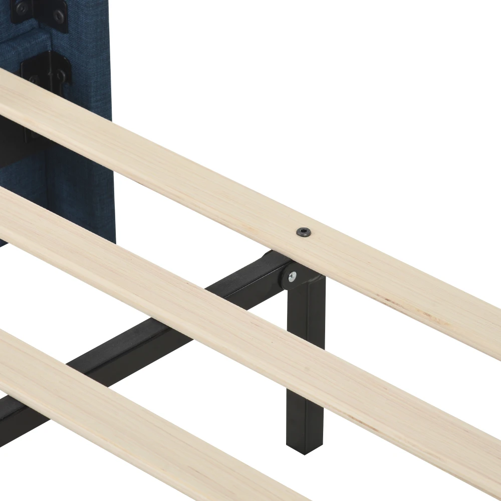 PINGGO Modernes Gepolstertes Einzelbett 90x200cm Blaues Leinen Gepolstertes Kopfteil Schiefergitter Mittlere Festigkeit Ohne Matratze – Detail 13
