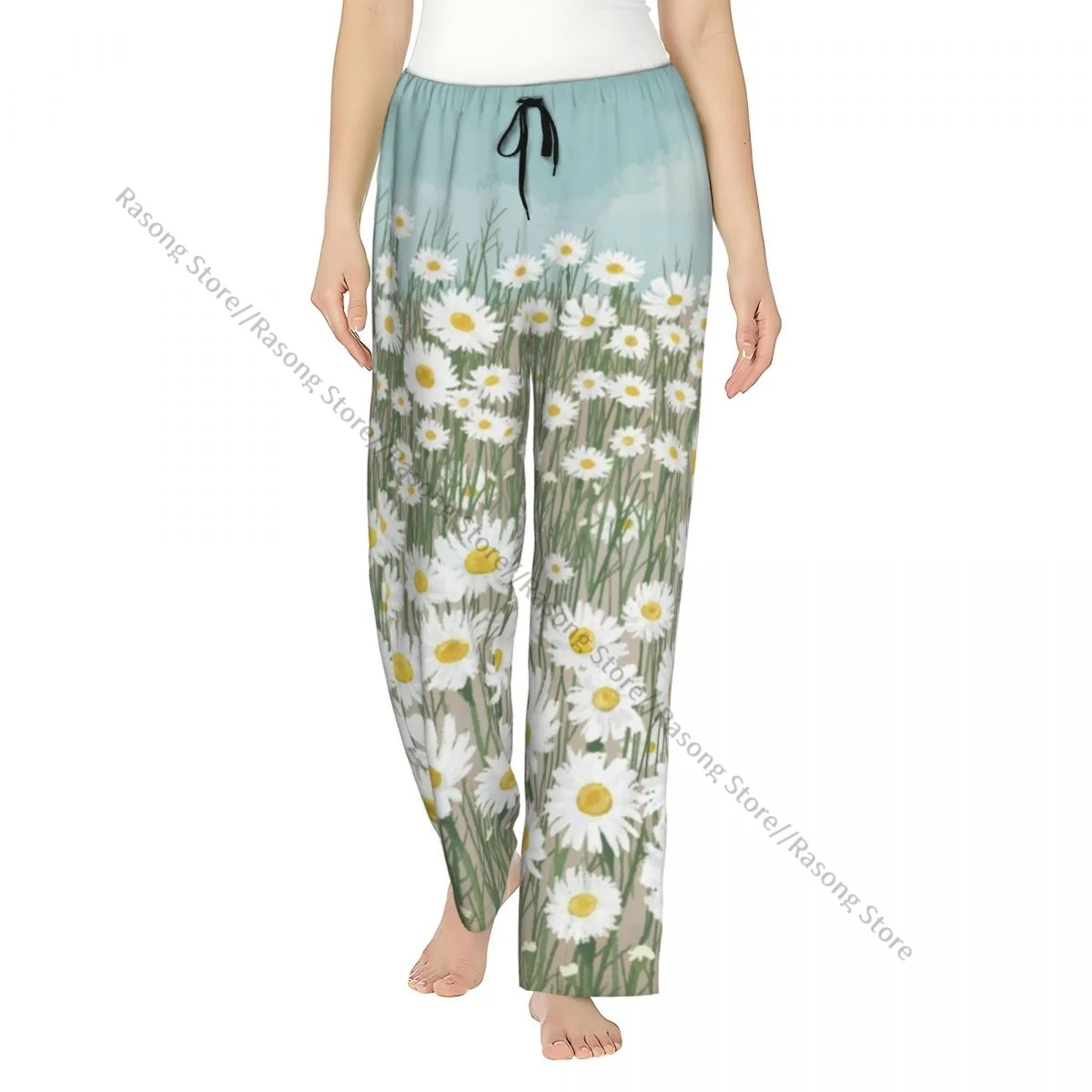 

Warm Women Pajama Pants Blooming Daisy Flower Flannel Sleep Bottoms Soft Fleece Loungewear
