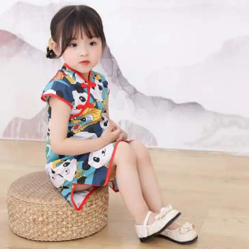 Cartoon Animals Children Cheongsam Girls Clothing Short-Sleeved Kids Girls Cartoon Skirt Qipao Princess Dress