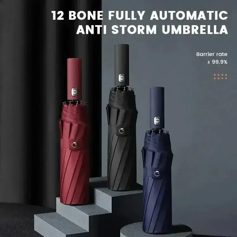  Foldable Anti-ultraviolet Umbrella 12-rib Black Glue Fully Automatic Umbrella, Practical for Sun Protection and Rainproof Daily 