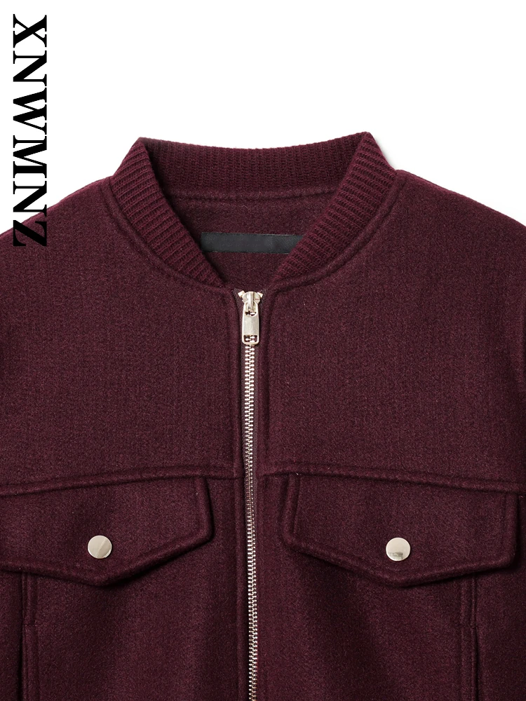 Xnwmnz 2025 outono nova mulher viajando simples manga longa casaco moda chique primavera senhora borgonha casual outerwear zíper