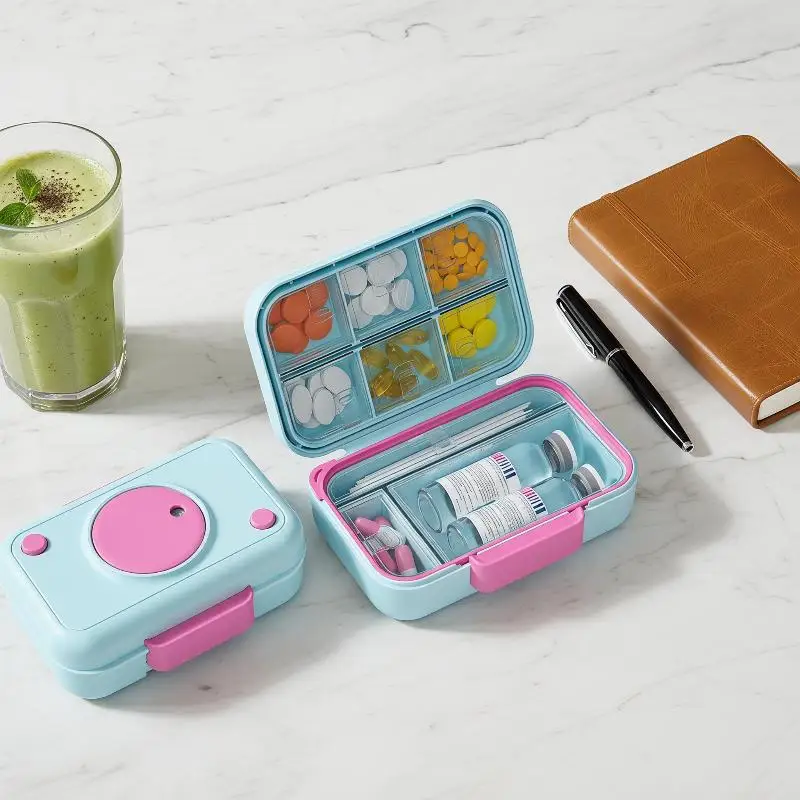 1Pcs Portable Dopaamine Camera Medicine Box Organizer Travel Essential Pill Dividers Modern Minimalist Style Color Block Pattern