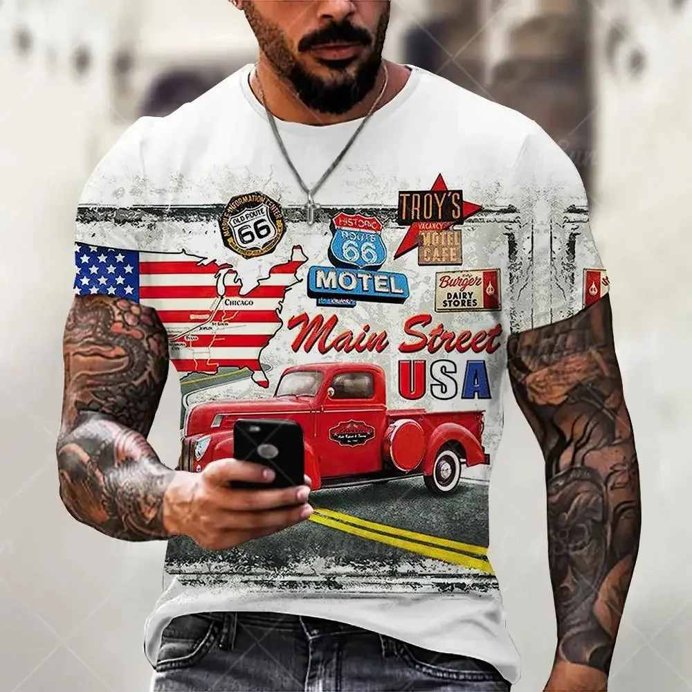 Fashionable Vintage Car Pictures For Men\'s T-Shirts Trend Digital Printing Casual Round Neck Short Sleeved