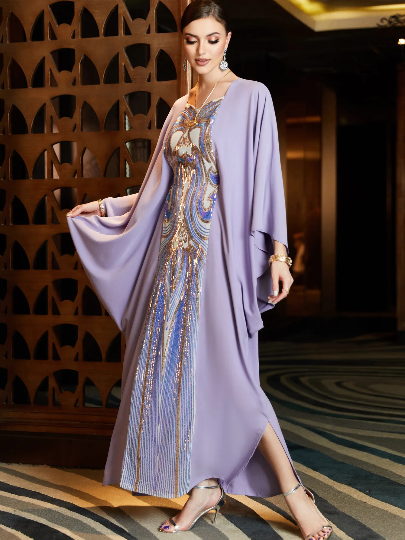 Purple Muslim Dress for Women Moroccan Kaftan Luxury Arab Dubai Abaya Islam Jalabiya Marocain Turkey Dresses Sequins Robe