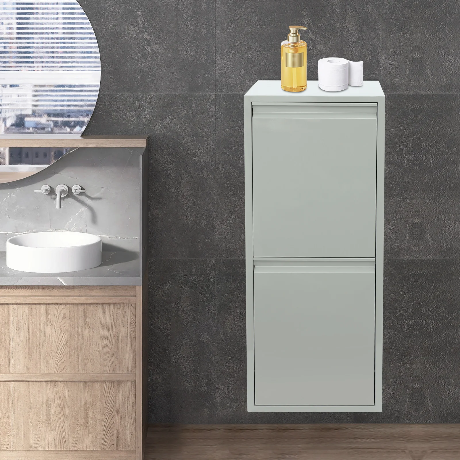 

Gray 15 Gallons Rectangular Tilt Out Trash Bin Cabinet,Stainless Steel Waste& Recycling Cabinet with 2 Buckets for Outdoor