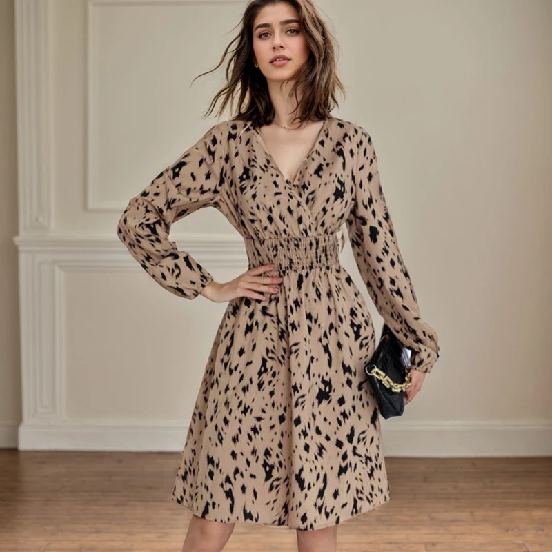 Fashion Streetwear High Waist Dress Bohemian Casual Elegant Leopard Printed Pullover Women's Shirt Dress Elegant Party Dresses