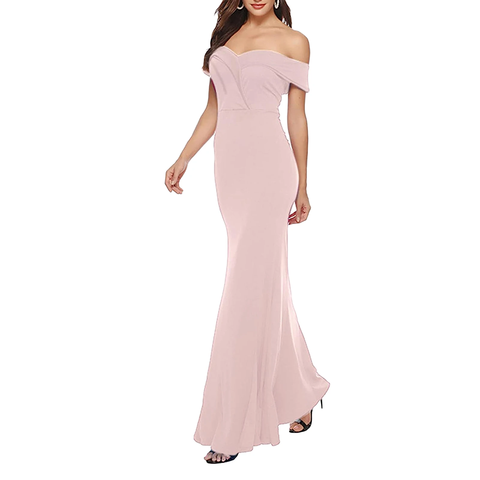 Vestido de fiesta de noche ajustado para mujer, vestido largo elegante con dobladillo de sirena, abertura alta, hombros descubiertos, Color sólido, Verano