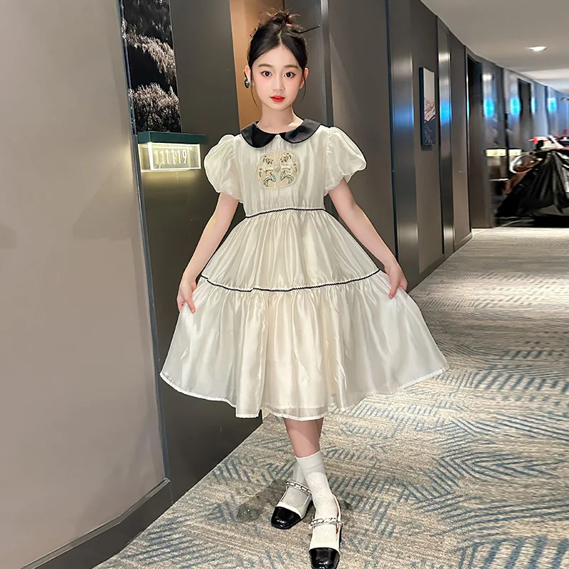

Korean Summer School Girl Dress Children Girl Peter Pan Collar Bubble Sleeve One-piece Dress Junior Girl Embroidery Shiny Dress