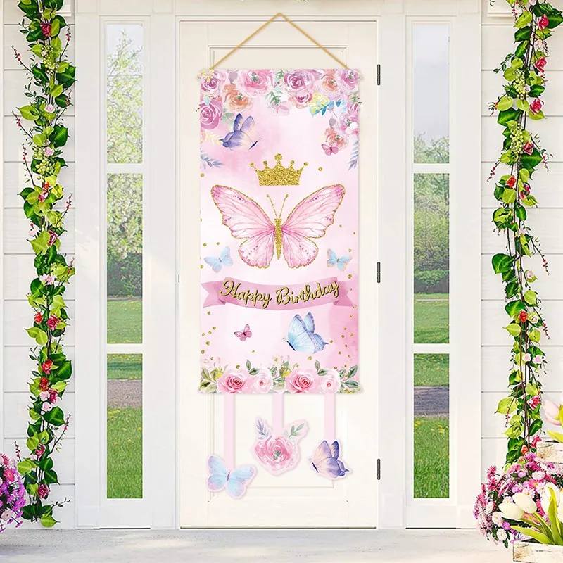 Butterfly Hanging Banner Flag Butterfly Theme Birthday Party Decoration Kids Baby Shower Girl 1st Birthday Party Supplies