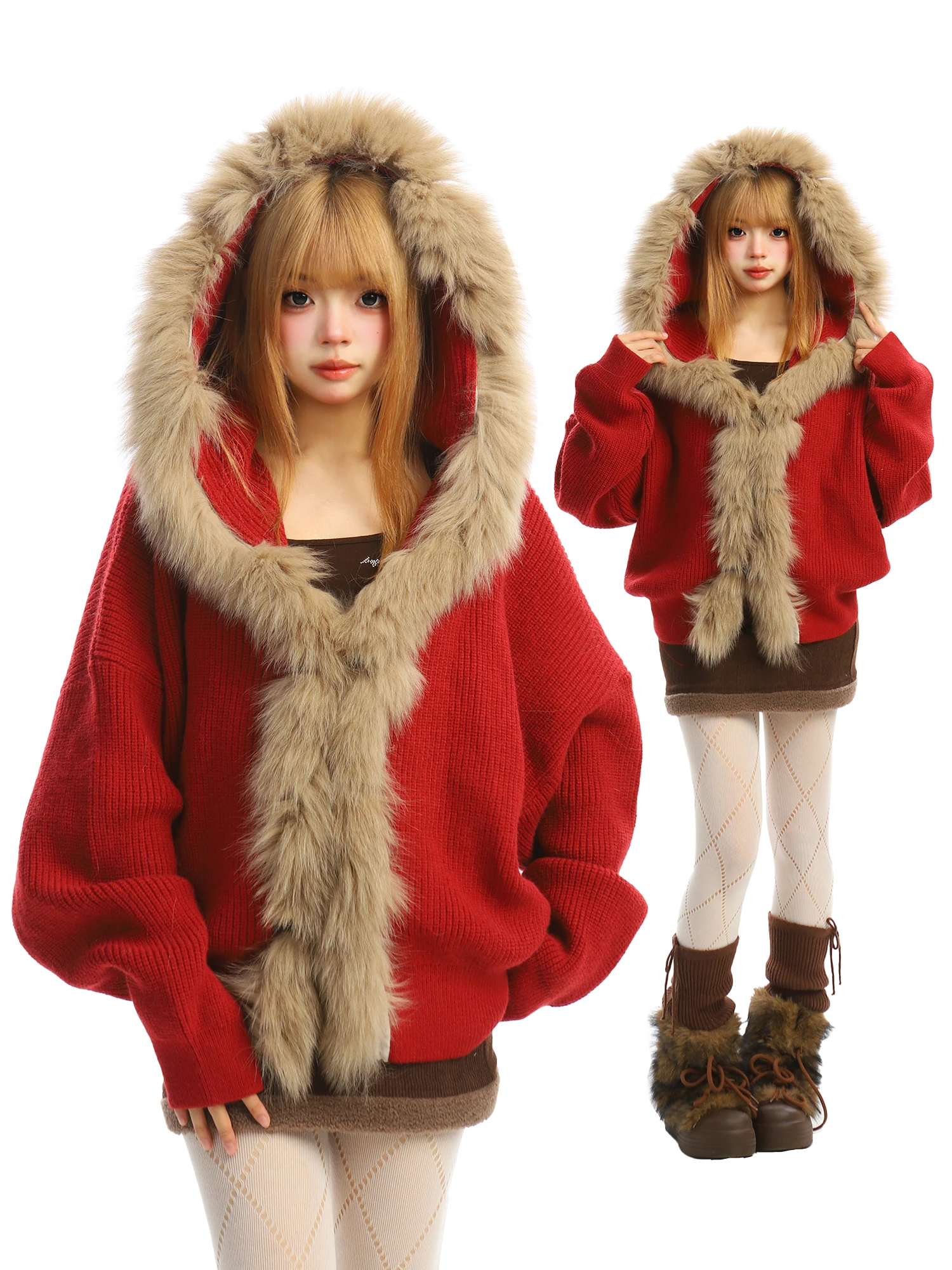 

BearGirl Red Fur Collar Hoodie Knitted Sweater Women's Loose Fit Autumn Winter Faionable Outerwear Commute Sle