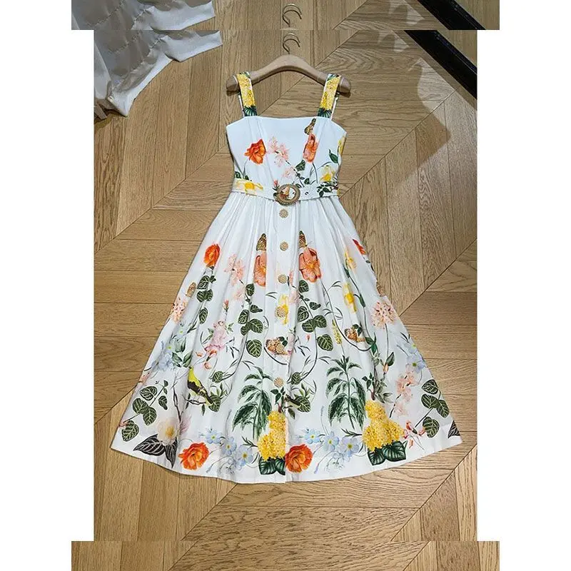 

Лето 2025 г. Новый принт 3D нагрудный ремень Dr Slim с высокой талией Maxi Dr Commute Sle No Sve Plant Floral Полиэфирное волокно