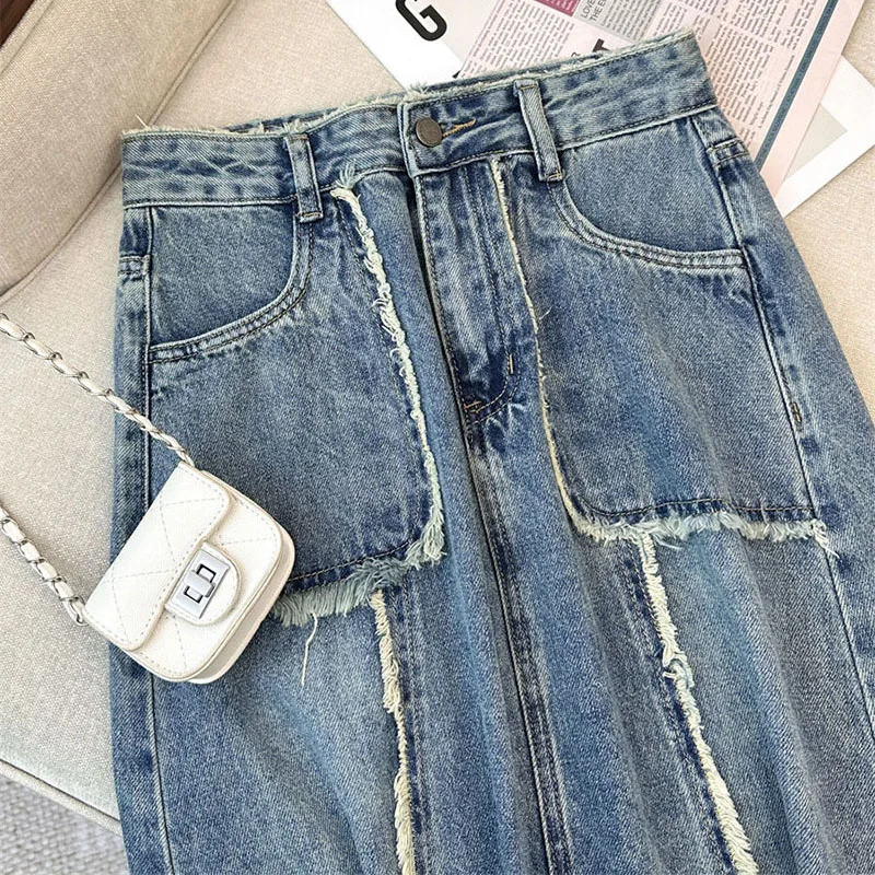 Vintage Denim Skirts for Women High Waist Pocket Long Skirts Ladies Casual A-Line Midi Skirts S-5XL Plus Size Women's Clothing