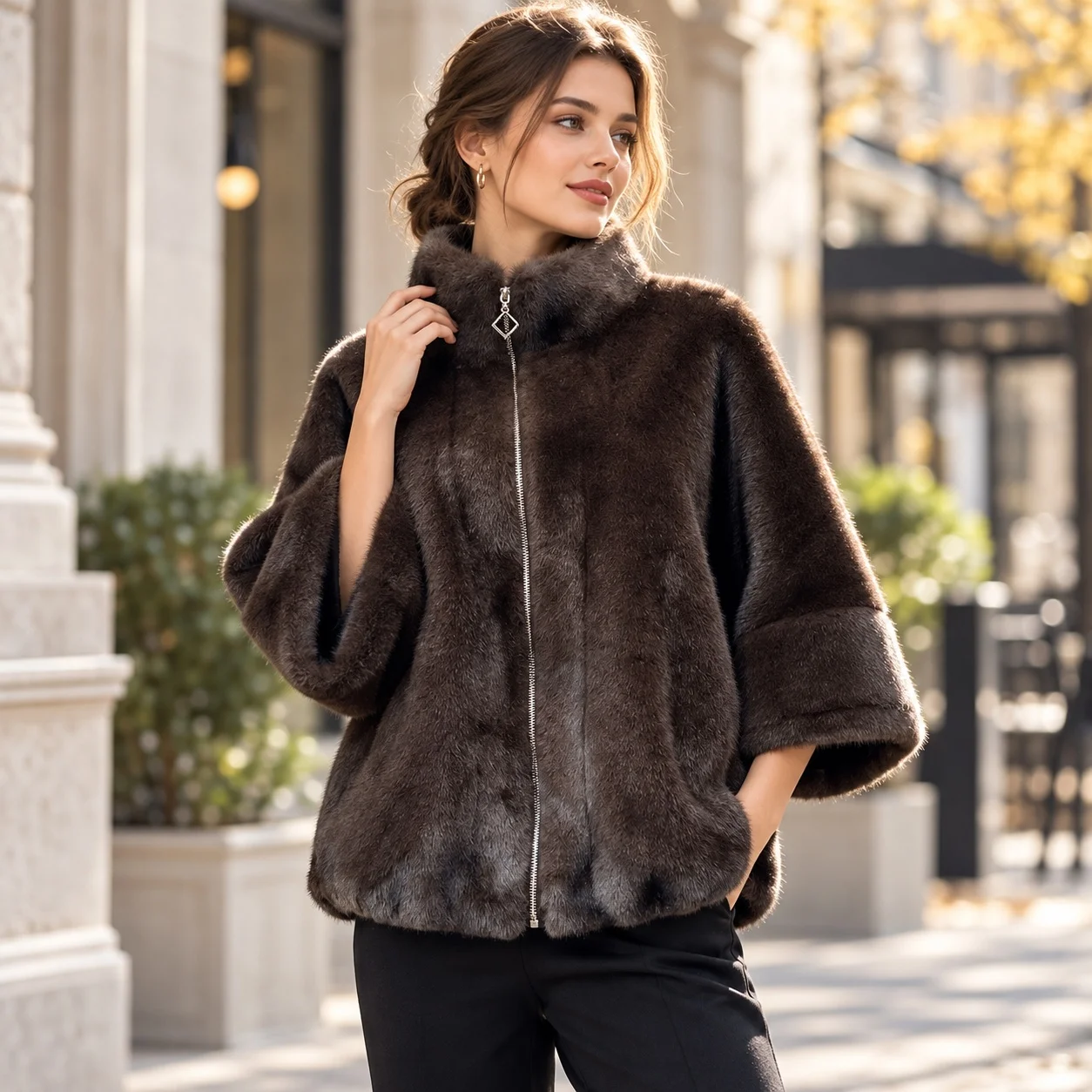 Stand Collar Batwing Sleeve Coat Loose Fit Casual with Autumn Elegant Commuting Short Length Three Quarter Sleeve Women Coat