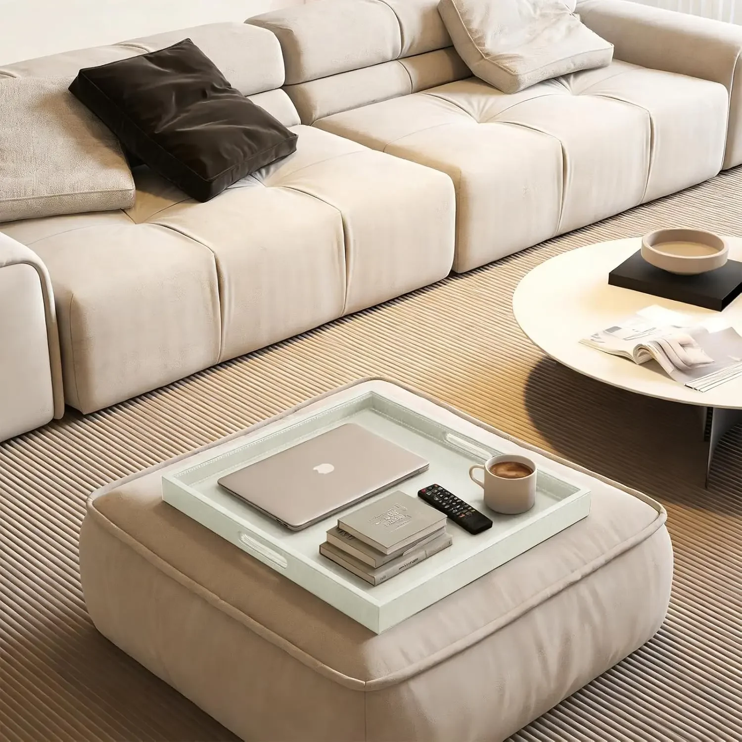 30 x 30 inches Leather Ottoman Serving Tray with Hole Handles, Square Extra Large Modern Service Tray for Living Room, Coffee