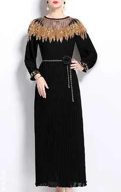 French Retro Rhine Stone Lace Up Lantern Long Sleeve O Neck Dress Chic Fashion Ceremonial A-line Women Dress