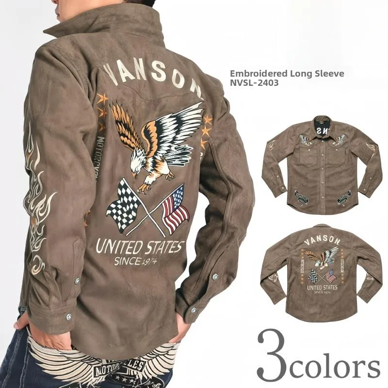 

Retro Vason Motorcycle Knight Western Sle Heavy Embroidery Eagle Flame Workwear Long Sve irt Youth Trend Polyester Fib...