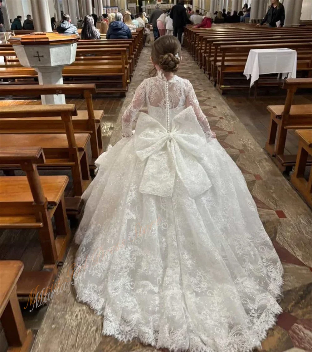 Luxurious White Lace Flower Girl Dress with High Neck and Pearl Waist Trailing Back Bow Wedding Party for Princesses