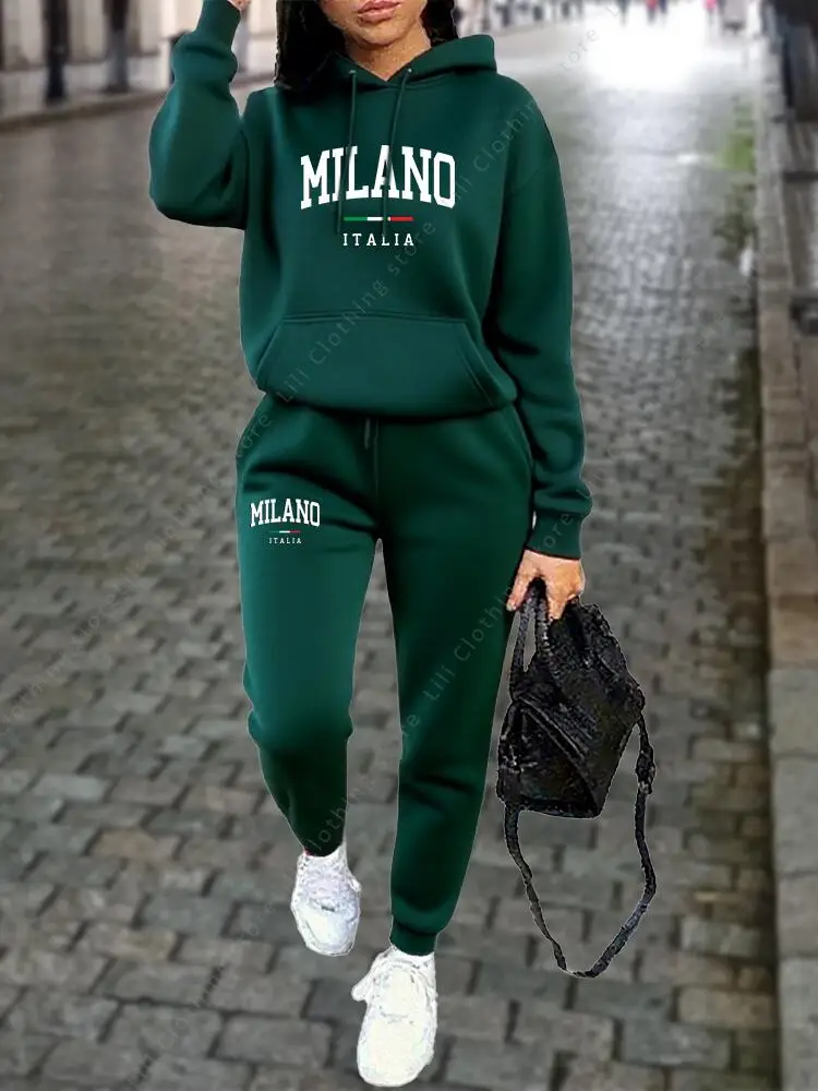 MILANO Hosen-Sets für Damen, hochwertige Sweatshirt-Sweatpants-Kapuzenjacke, 2-teiliges Herbst-Winter-Outfit, Damen-Trainingsanzug – Detail 10