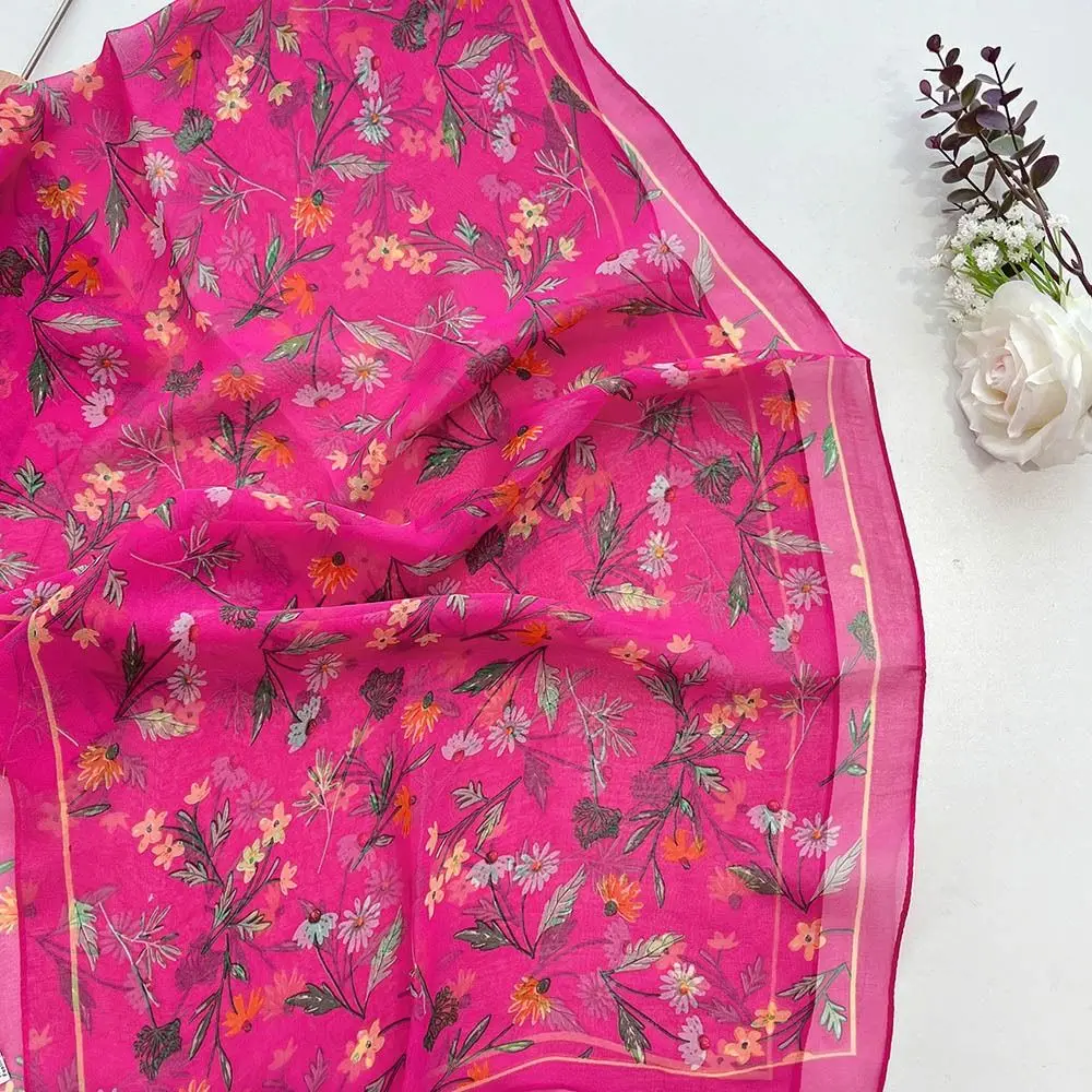 

Portable Floral Print Silk Scarf Sun-Resistant Smooth Long Wraps Breathable Silk Sunscreen Hijab for Women