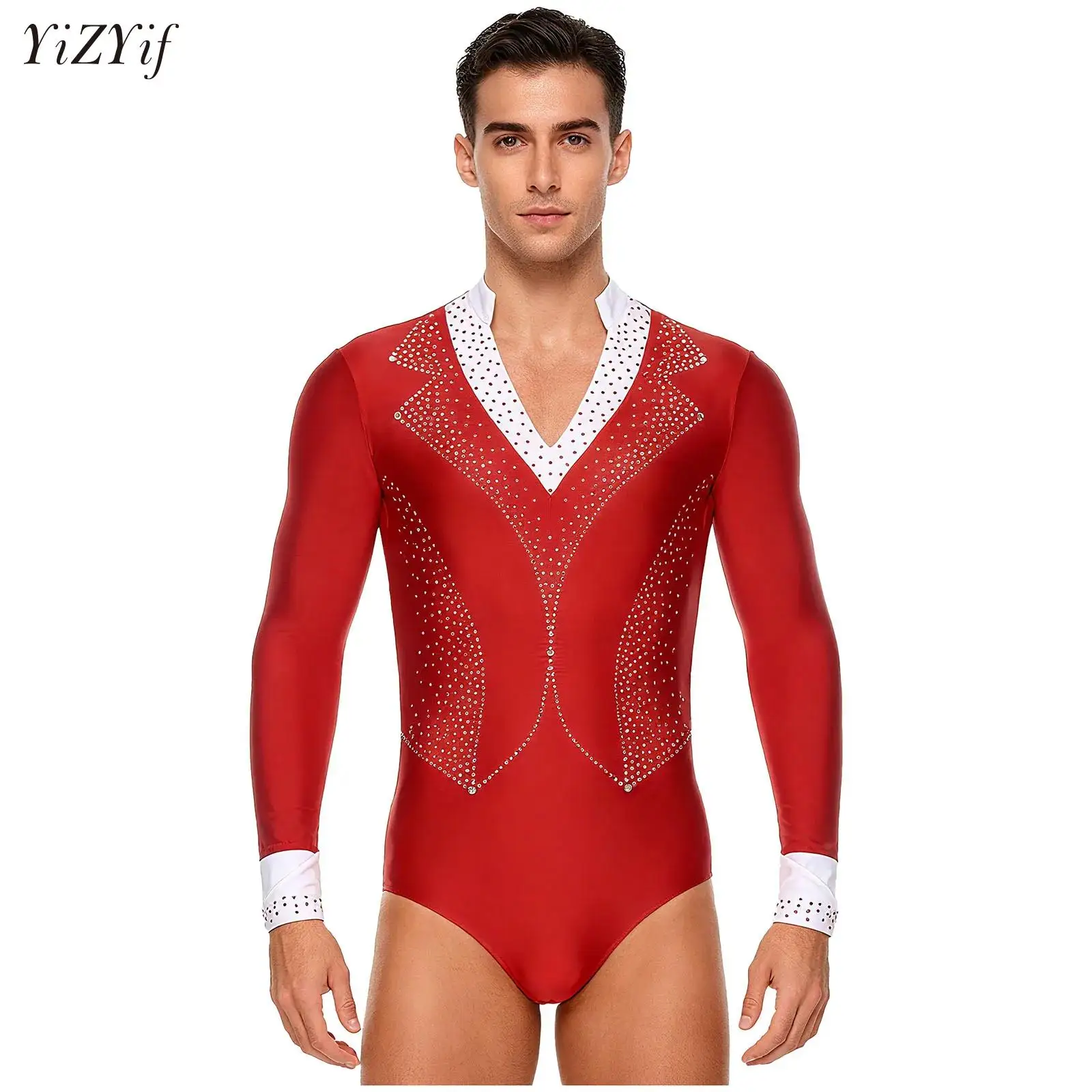 Mens Rhinestone Latin Dance Figure Skating Shirts Unitard Ballroom Modern Latin Tango Rumba Chacha Leotard Bodysuit Tops Clothes