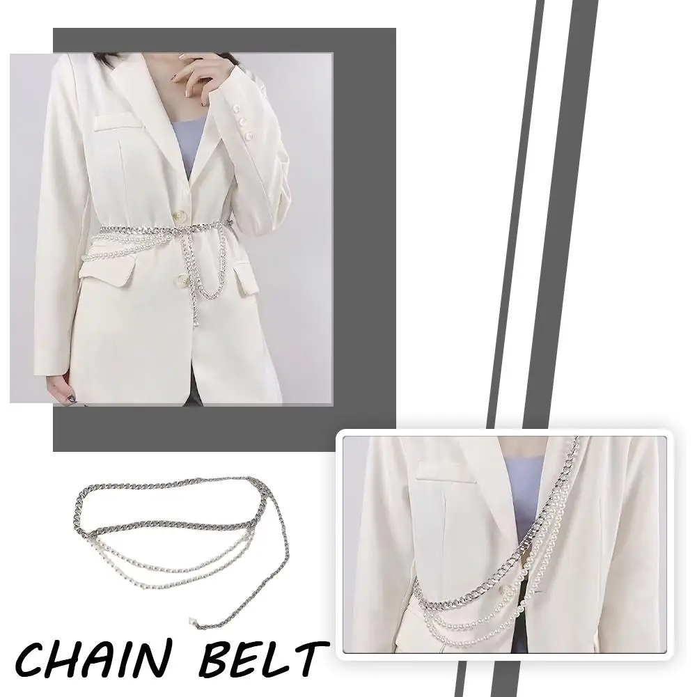 Fashionable Multiple Layers Women Belt Pearls Splicing Sexy Belt Sweet Metal Chain Chain Adjustable Waist Length T6q6