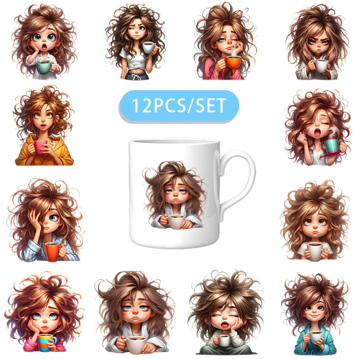 12 Stück/Set Messy Coffee Lady DIY Skinny Tumbler Dekorationsfolie UV DTF Hochhaftende Transferfolie