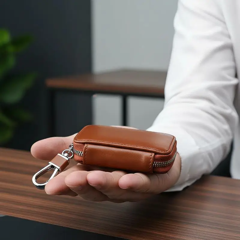 Waterproof Leather Keychain Pouch Heavy Duty Zipper Durable Car Key Wallet Holder for Hiking Camping Outdoor Activities