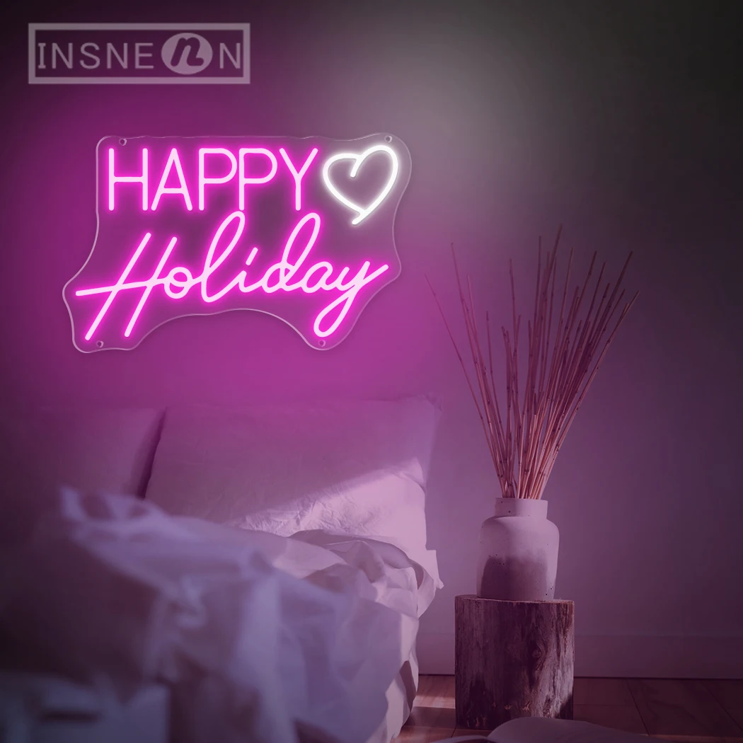 Happy Holiday Neon Sign USB Powered LED Light Wall Hanging Decor for Bedroom Bar Party Restaurant Amusement Park Holiday Parties