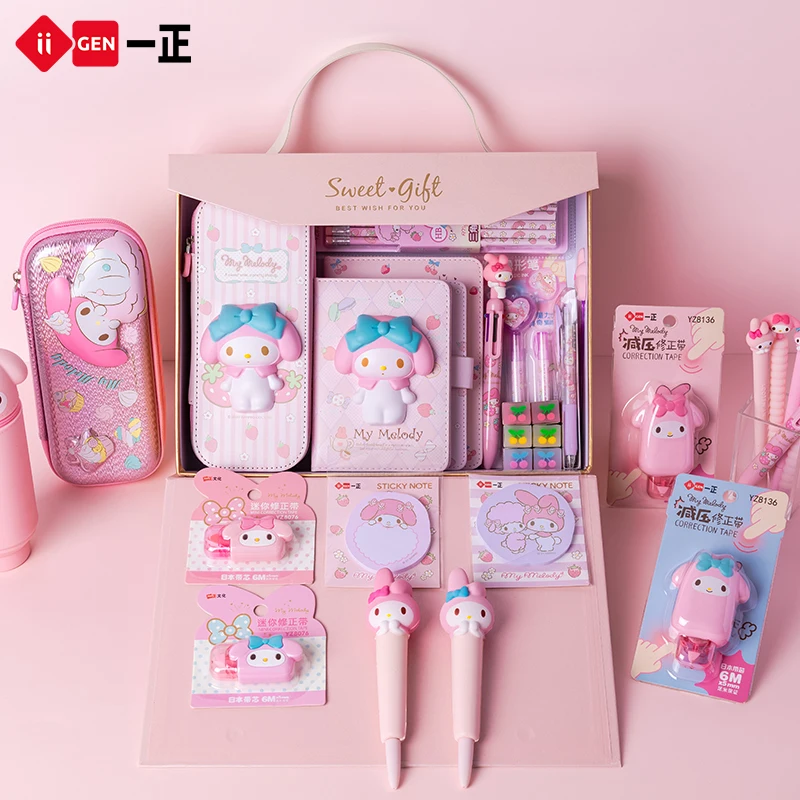 Sanrio Portable Stationery Set Gift Box Cute My Melody Pencil Case Gel Pen Memo Pad Eraser Notebook Kids Girl School Supplies