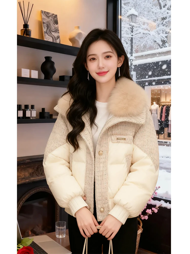 

Зимняя утепленная женская пуховая куртка-пальто с меховым воротником в корейском стиле, свободного кроя, для повседневной носки, модная, стандартный крой рукавов