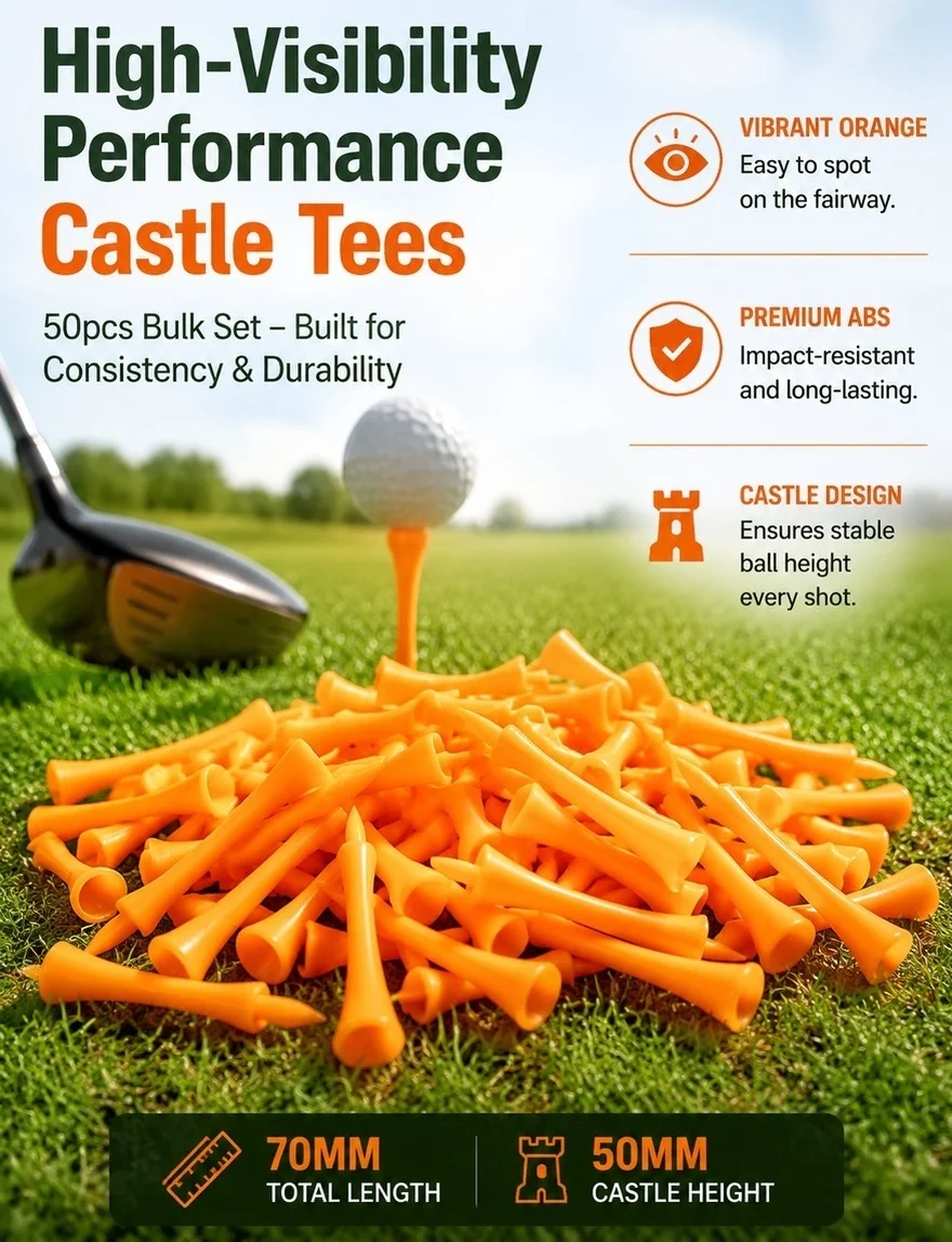 50Pcs Orange Plastic Castle Tees 70Mm Golf Tee Size Strong Lightweight ABS Material High Visibility on Grass Ideal for Golfers