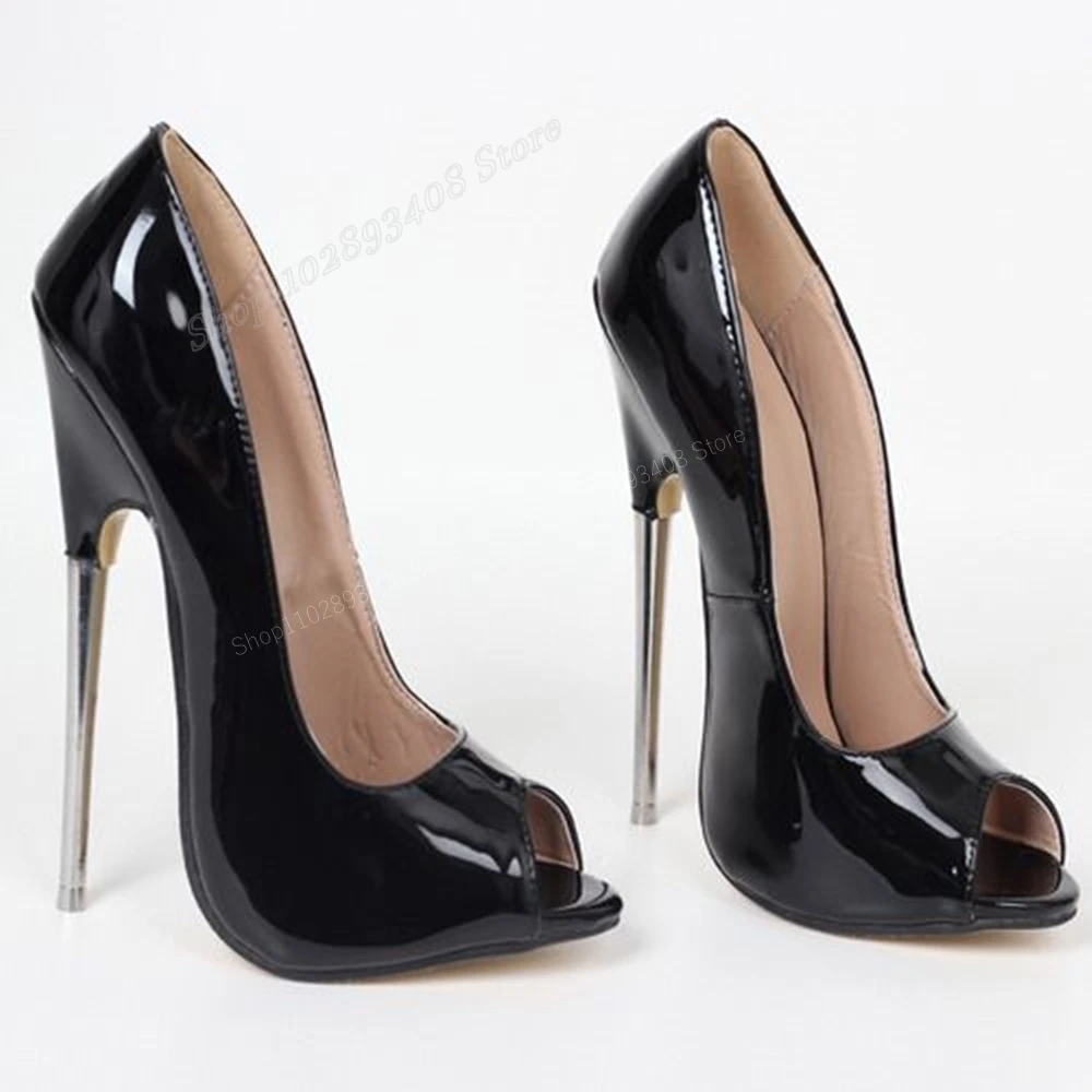 

Black Patent Leather Shallow Pumps Peep Toe 16cm Metal Stiletto High Heel Fashion Sexy Women Shoes 2024 Zapatos Para Mujere