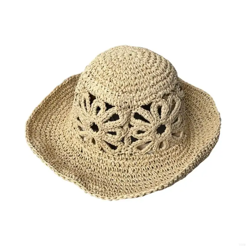 Stroh-Sonnenhut, breiter Rand, durchbrochener Sommerhut für den Urlaub, 56–58 strukturierter Strand-Accessoire-Look, bereit – Detail 5