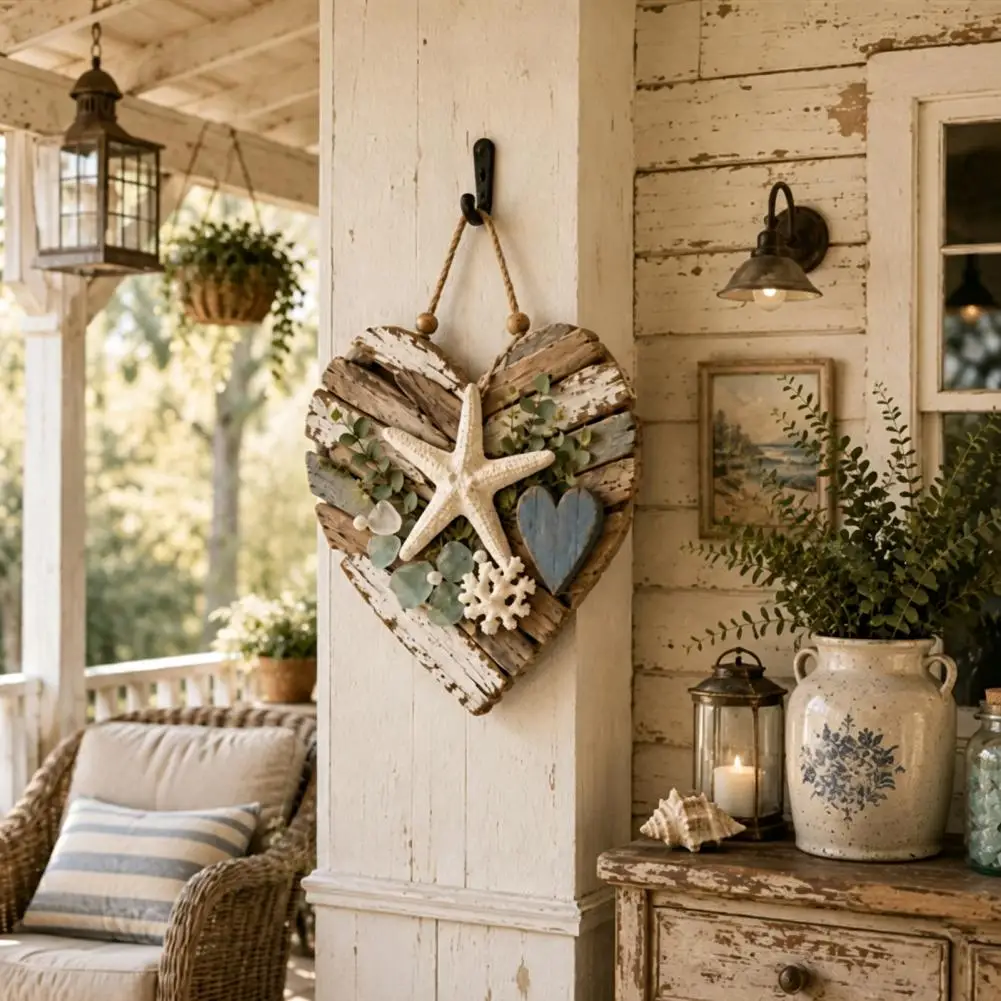 Rustic Farmhouse Wall Decor Decorative Fireplace Hanging Rustic Coastal Heart Wall Hanging Ornament with Led Light Distressed