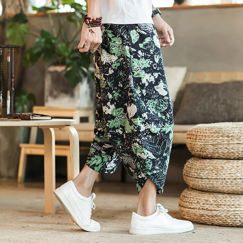 Cotton Linen Harem Pants Men Hip Hop Streetwear Floral Joggers 2024 New Baggy Drop-crotch Pants Casual Trousers Men