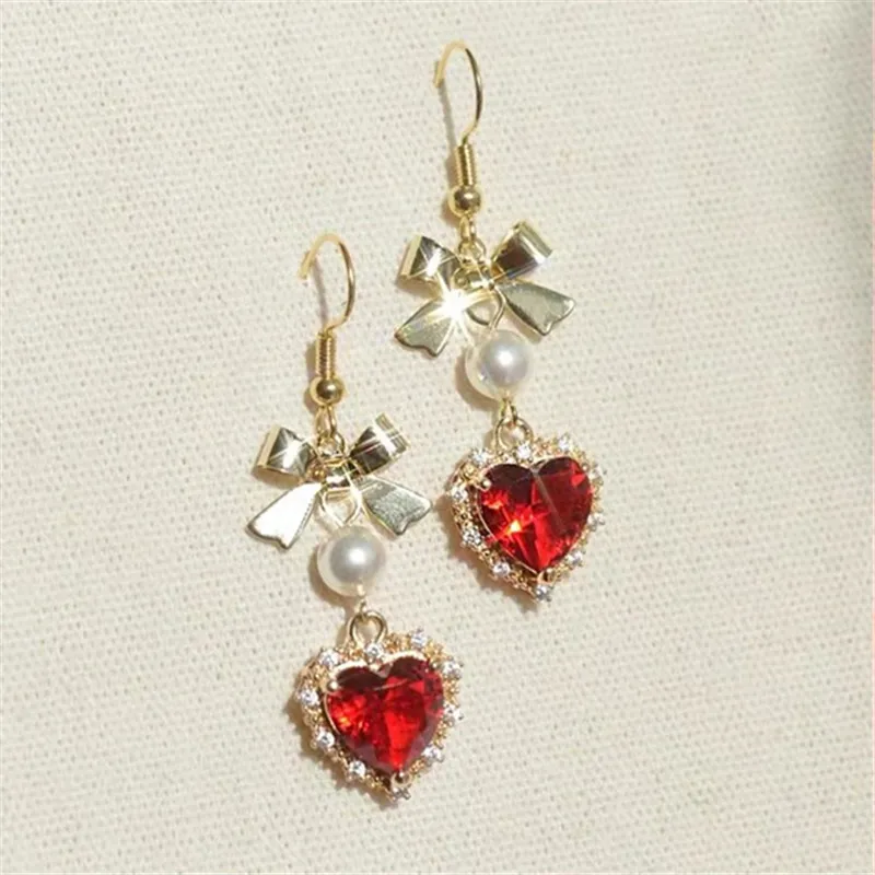 2022 New Fashion Wine Red Love Bow Pearl Exquisite High-end Earrings Ladies Party Birthday Gift Jewelry