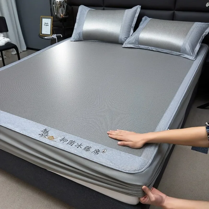 Summer antibacterial and bacteriostatic washable ice rattan soft mat compound thickened sandwich fitted sheet style