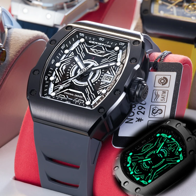Hollowed-out Men Fully Automatic Watch Wine Barrel Shape 5ATM Waterproof Luminous Rubber Strap Silver Track Series Perfect Gift