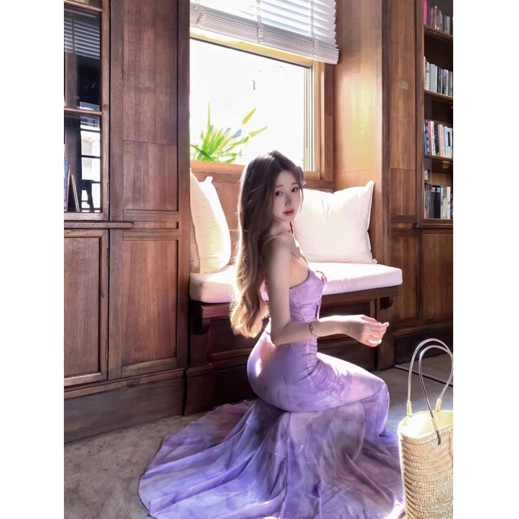 فساتين نسائية صيفية جديدة بدون أكمام بحزام سباغيتي مع فيونكة وفتحة جانبية مفرغة ملابس شاطئ فساتين صيفية مضادة للشمس متعددة الألوان #3