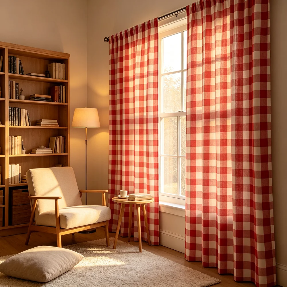 2PCS Classic Red White Gingham Print Curtains, Bedroom Living Room Window Drapes, Rod Pocket Polyester, Home Decoration