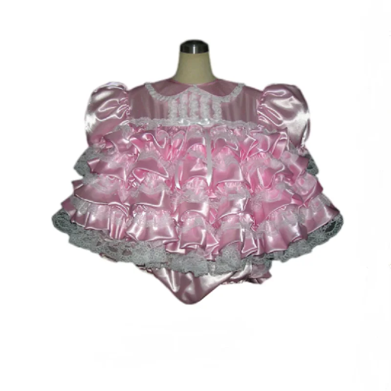 

Hot selling cosplay new Sissy Lockable pink satin fluffy cake dress lace ruffled adult maid dress